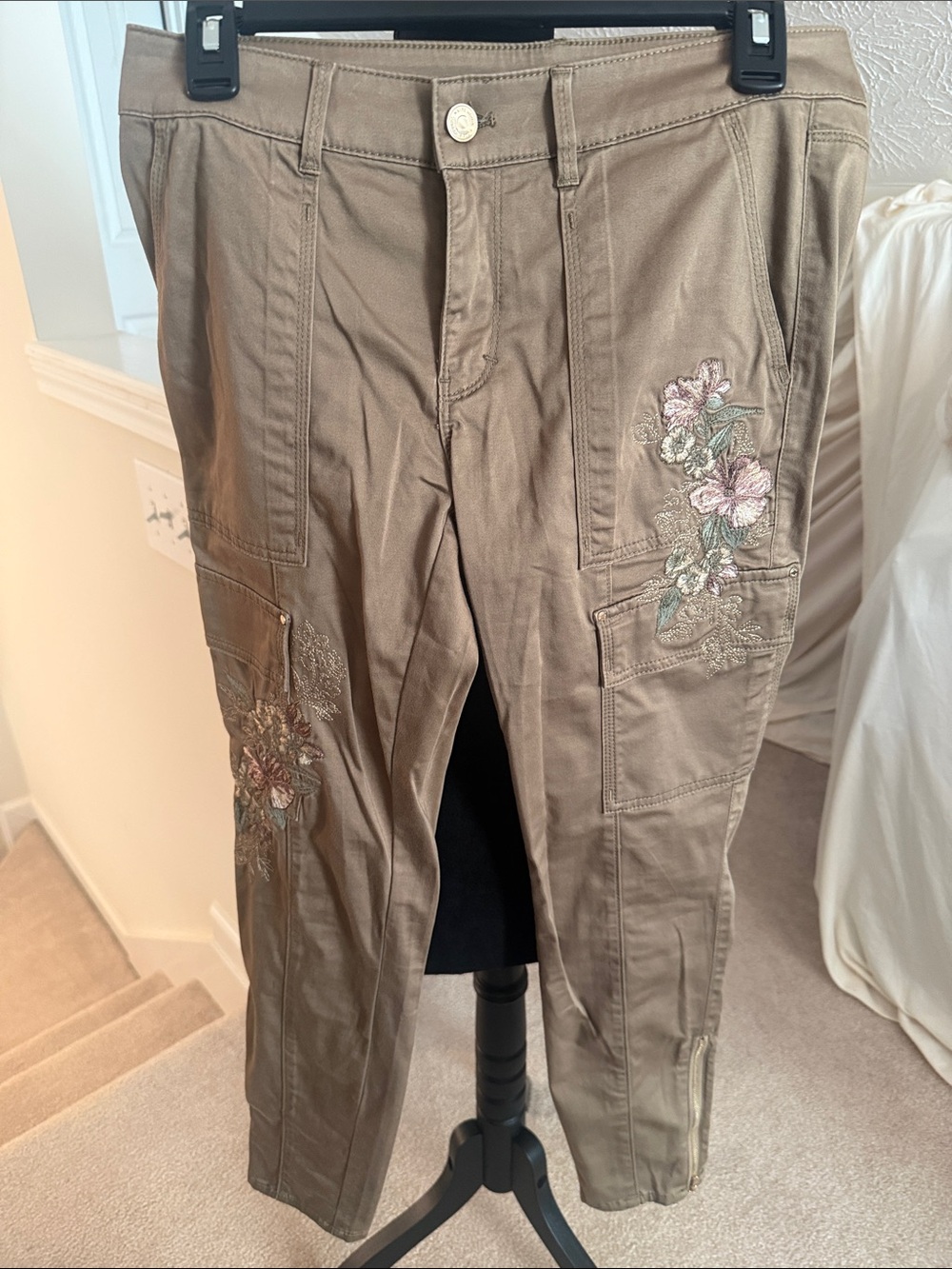 Women's Tan Embroidered Cargo Pants